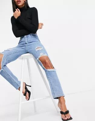 I Saw It First cut out knee mom jeans in blue | ASOS (Global)