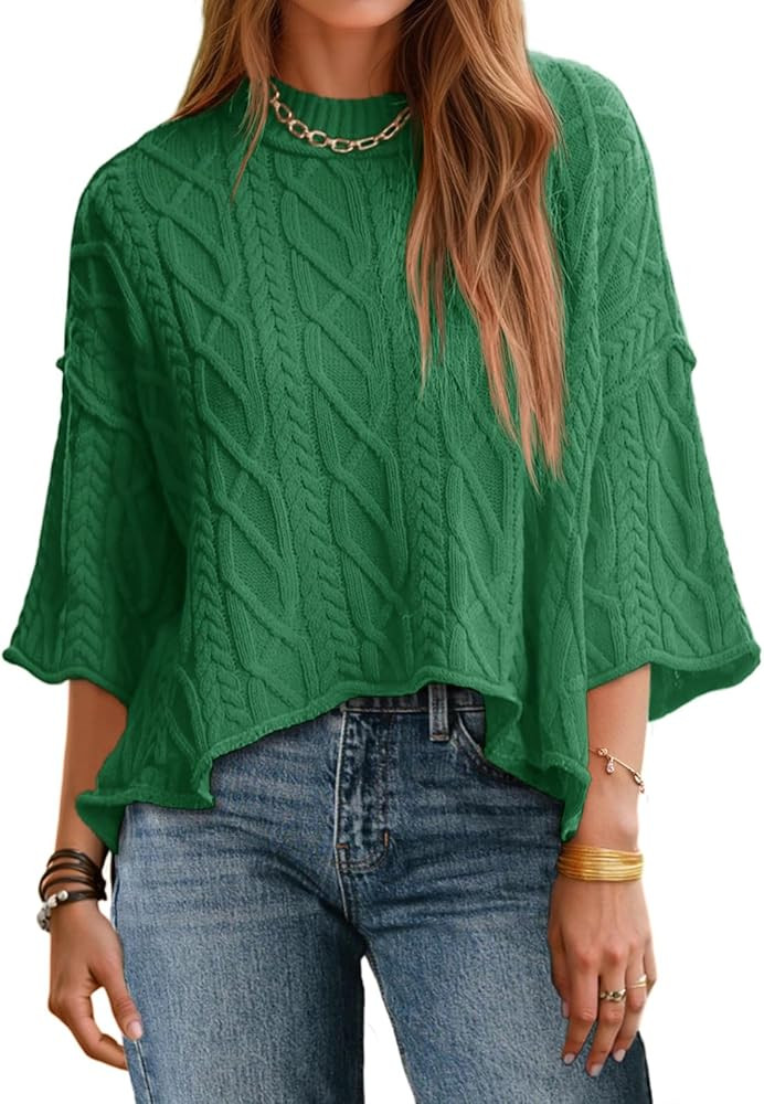 Saodimallsu Womens Cable Knit Cropped Sweaters Oversized 3/4 Sleeve Crew Neck Fall Casual Pullove... | Amazon (US)