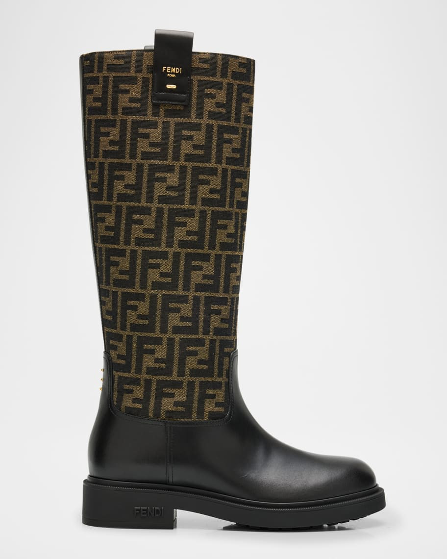 Fendi Filo FF Canvas & Leather Knee-High Boots | Neiman Marcus