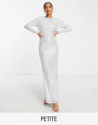 Jaded Rose Petite Modest long sleeve maxi dress in silver sequin | ASOS (Global)