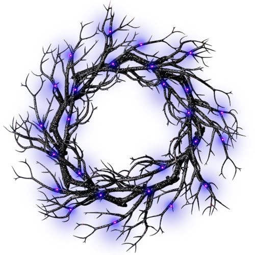 Spooky Halloween Wreath with Purple Lights - Glitter Black Branch Handcrafted Decor for Front Door, Indoor/Outdoor Party & Haunted House | Amazon (US)