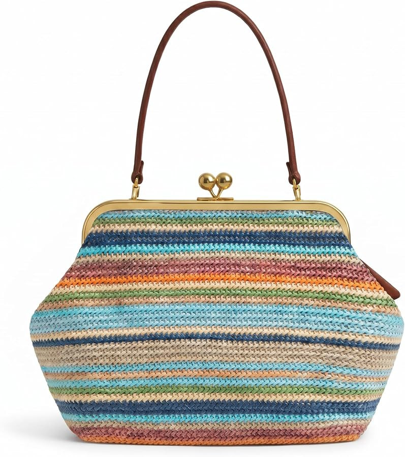 Striped Straw Kiss Lock Handbag,Summer Woven Clutch Purse with Leather Top Handle,Colorful Rainbo... | Amazon (US)