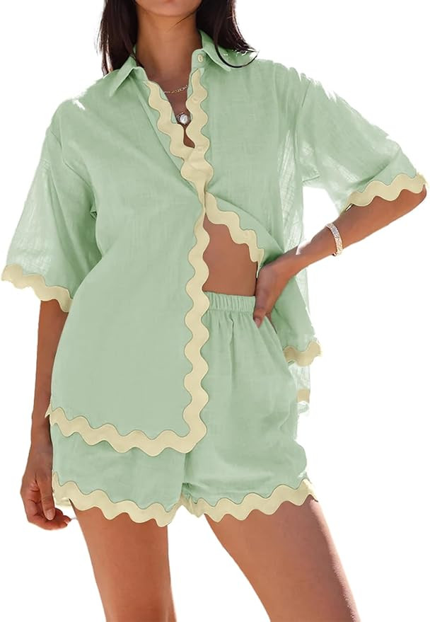 Danedvi Womens 2 Pieces Outfits Summer Short Sleeve V Neck Shirts and Shorts Sets | Amazon (US)