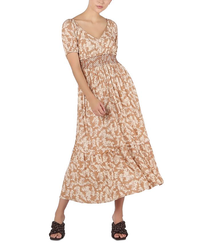 Women's Printed Smocked-Waist Tiered Slit-Front Midi Dress | Macys (US)