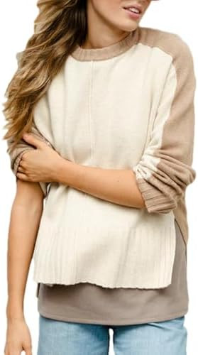 Zontroldy Women's Color Block Sweaters Crew Neck Long Sleeve Side Split High Low Hem Pullover Kni... | Amazon (US)