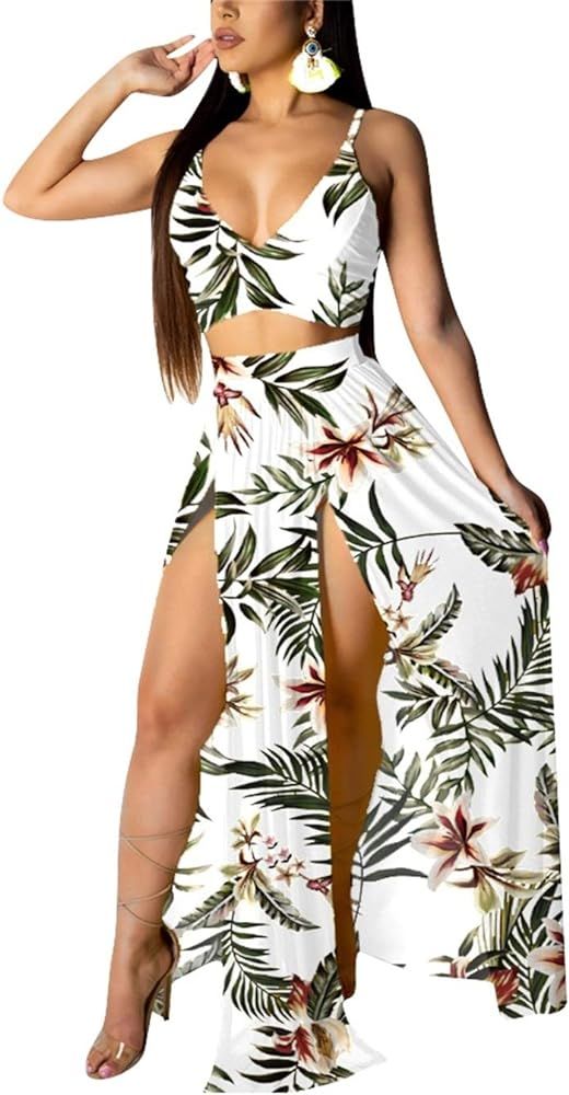 EOSIEDUR Women's Chiffon Bohemian Floral Printed 2 Piece Sets Crop Cami Top & Split Beach Party Maxi | Amazon (US)