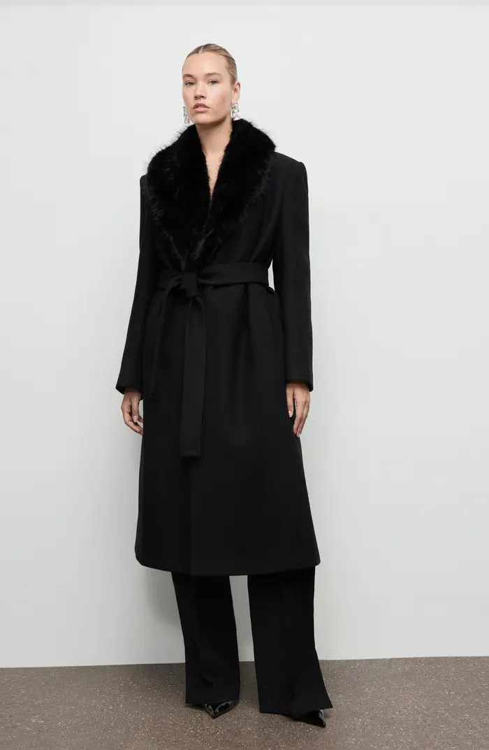 Manteco Belted Longline Trench Coat with Removable Faux Fur Collar | Nordstrom