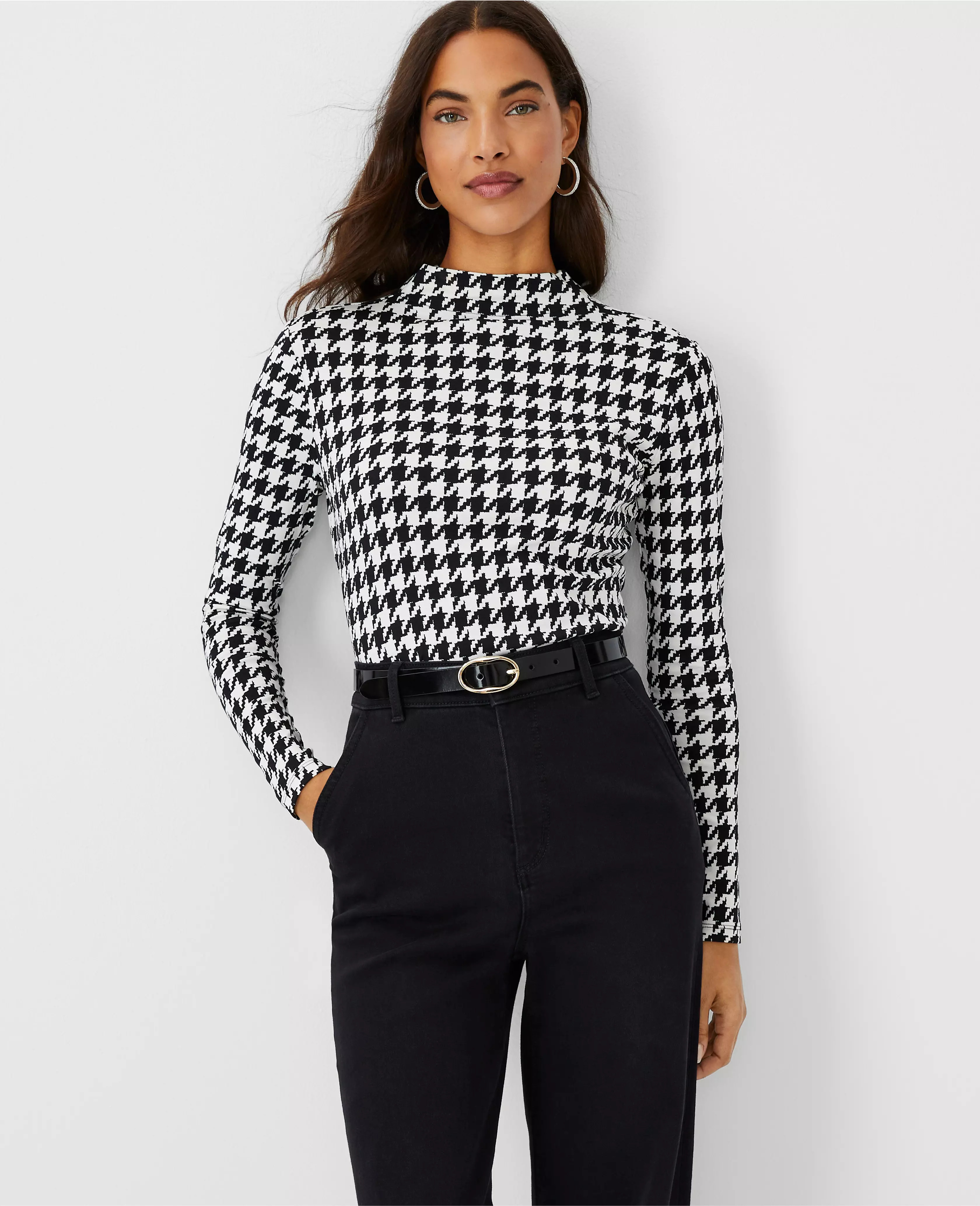 Houndstooth Long Sleeve Turtleneck Top | Ann Taylor (US)
