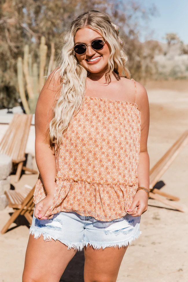 Come Back Again Brown Floral Ruffle Hem Tie Strap Tank | Pink Lily