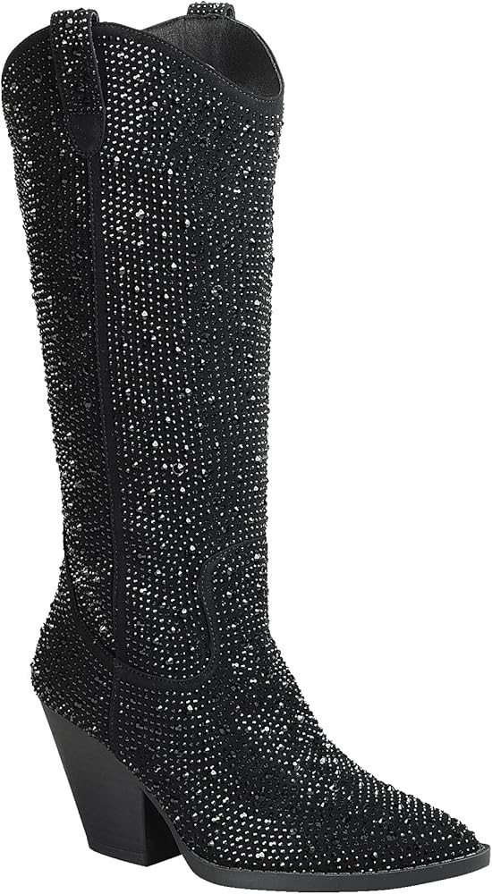 Women Rhinestone Western Cowboy Pointed Toe Knee High Pull-on Boots | Amazon (US)