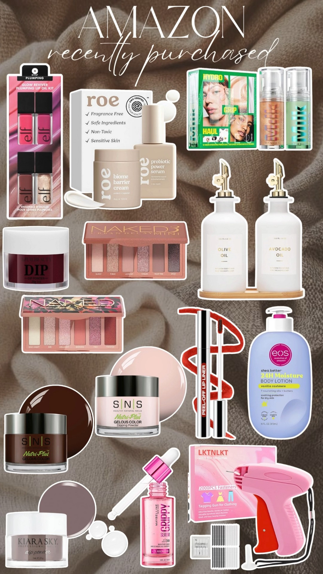 amazon. recently purchased. face primer. elf lip gloss. roe baby. eyeshadow mini palettes. olive oil dispensers. lip liner. lotion. dip powder. stitch gun.  

 #LTKSeasonal #LTKFindsUnder50 #LTKFindsUnder100