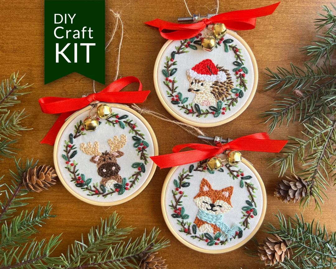 Woodland Animals Christmas Ornaments Embroidery Kit Christmas Fox Hedgehog Moose DIY Christmas Or... | Etsy (US)