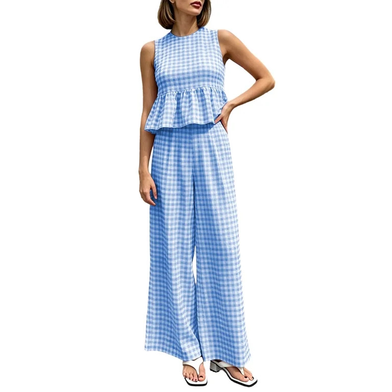 Enjoytime Womens 2 Piece Outfits Plaid Crew Neck Ruffled Sleeveless Tops with Pants Lounge Sets S... | Walmart (US)