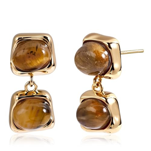 Vintage 14k Gold Plated Dangle Earrings for Women, Tiger Eye Drop Earrings Jewelry for Women | Amazon (US)