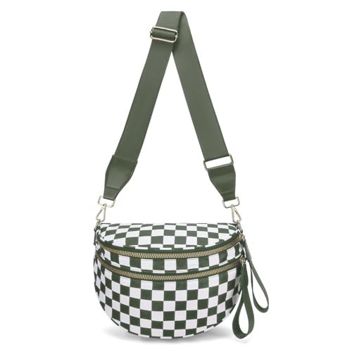 WOOMADA Checkered Crossbody Bag Bum Bag for Women, Fanny Pack Checkered Purse, Belt Bag Sling Bag with Shoulder Strap(Army Green Checkerboard) | Amazon (US)