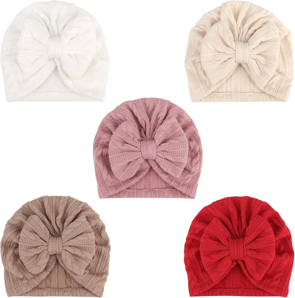 DRESHOW BQUBO 5 Pieces Newborn Baby Turban Hats Bow Baby Infant Beanie Breathable Toddler Cap for... | Amazon (US)