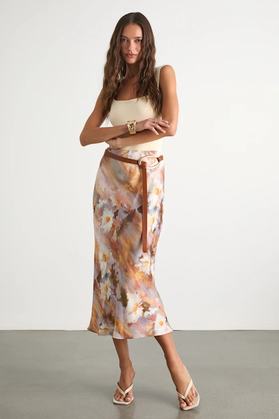 Shalia Multi Abstract Floral Midi Skirt | Lulus
