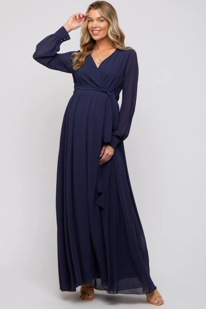 Navy Blue Chiffon Wrap Maternity Gown | PinkBlush Maternity