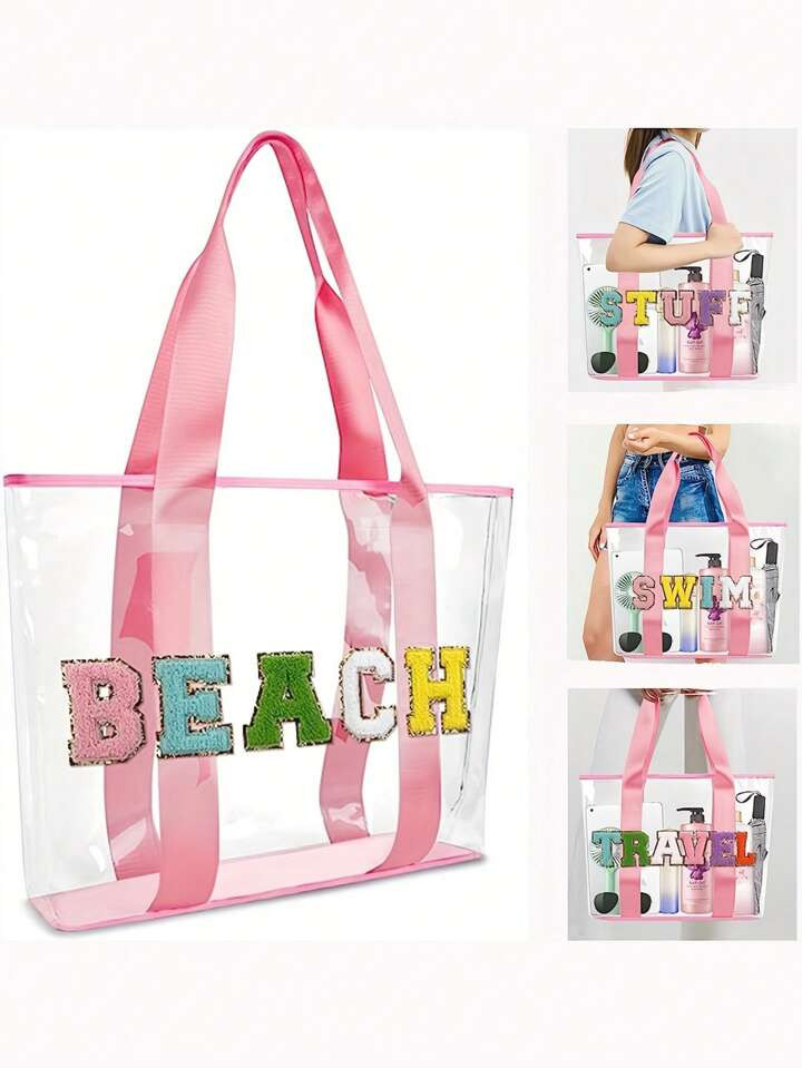 1 Pc Cute Transparent Women Pink Preppy Chenille Letter Patches Clear PVC SWIM BEACH Tote Bag Han... | SHEIN