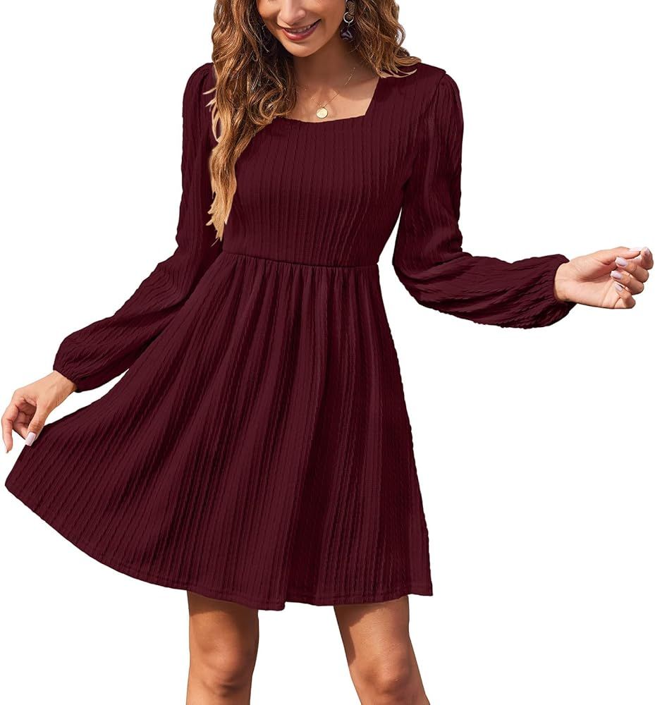 Sherosa Womens Long Sleeve Knit Dress Square Neck Knee Length Casual Babydoll Fall Dresses 2023 | Amazon (US)
