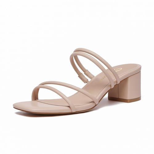 Athlefit Chunky Heels Sandals for Women Square Open Toe Slip On Heels Sexy Double Strap Block Nude Heels Sandals Size 5.5 | Amazon (US)