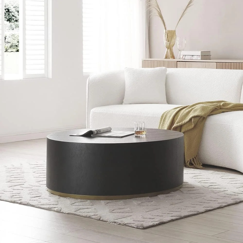 Round Black Coffee Table With Gold Rim Bottom, Modern Drum Circle Wood Coffee Table End Table For... | Walmart (US)
