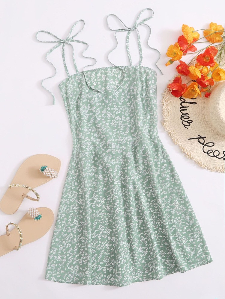 SHEIN Tie Shoulder Shirred Back Ditsy Floral Cami Dress | SHEIN