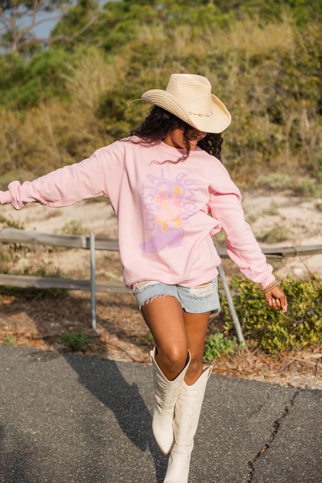 Coastal Cowgirl Floral Boot Light Pink Oversized Graphic Sweatshirt | Pink Lily