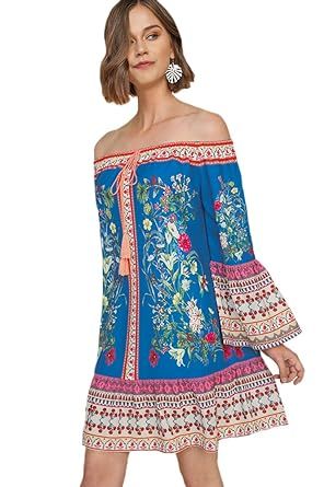 Umgee Women's Floral Scarf Print Off Shoulder Bell Sleeve Dress with Ruffle Hem | Amazon (US)