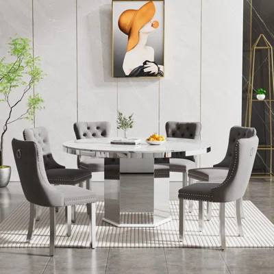 Round Dining Table Set, 47.24"-63" Extendable Oval Dining Table & Tufted Velvet Chairs, Modern Mirrored Kitchen Dining Room Table and Chairs Set | Wayfair North America