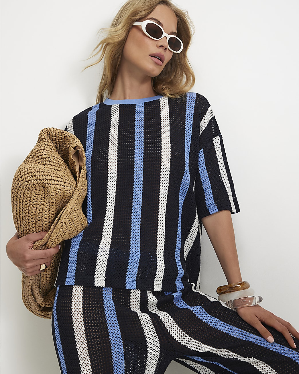 Navy Crochet Stripe Boxy T-Shirt | River Island UK & IE