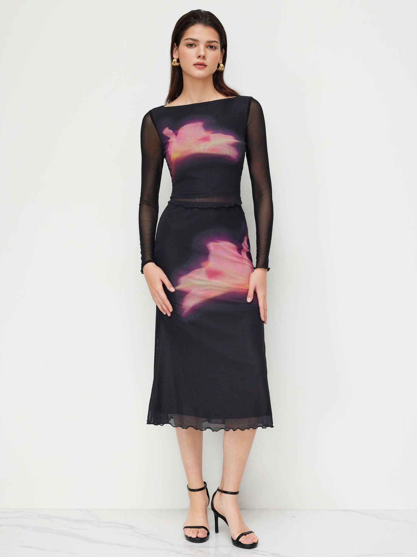 Knit Fabric Floral Graphic Lettuce Trim Long Sleeve Top & Mid Rise Mermaid Midi Skirt Set For Par... | Cider