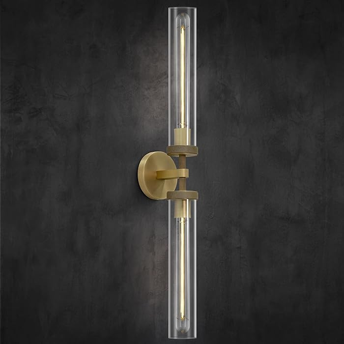 30" Bathroom Wall Sconce, Brass Wall Sconces Hardwired, Gold Wall Sconce Dimmable, Knurled Linear... | Amazon (US)