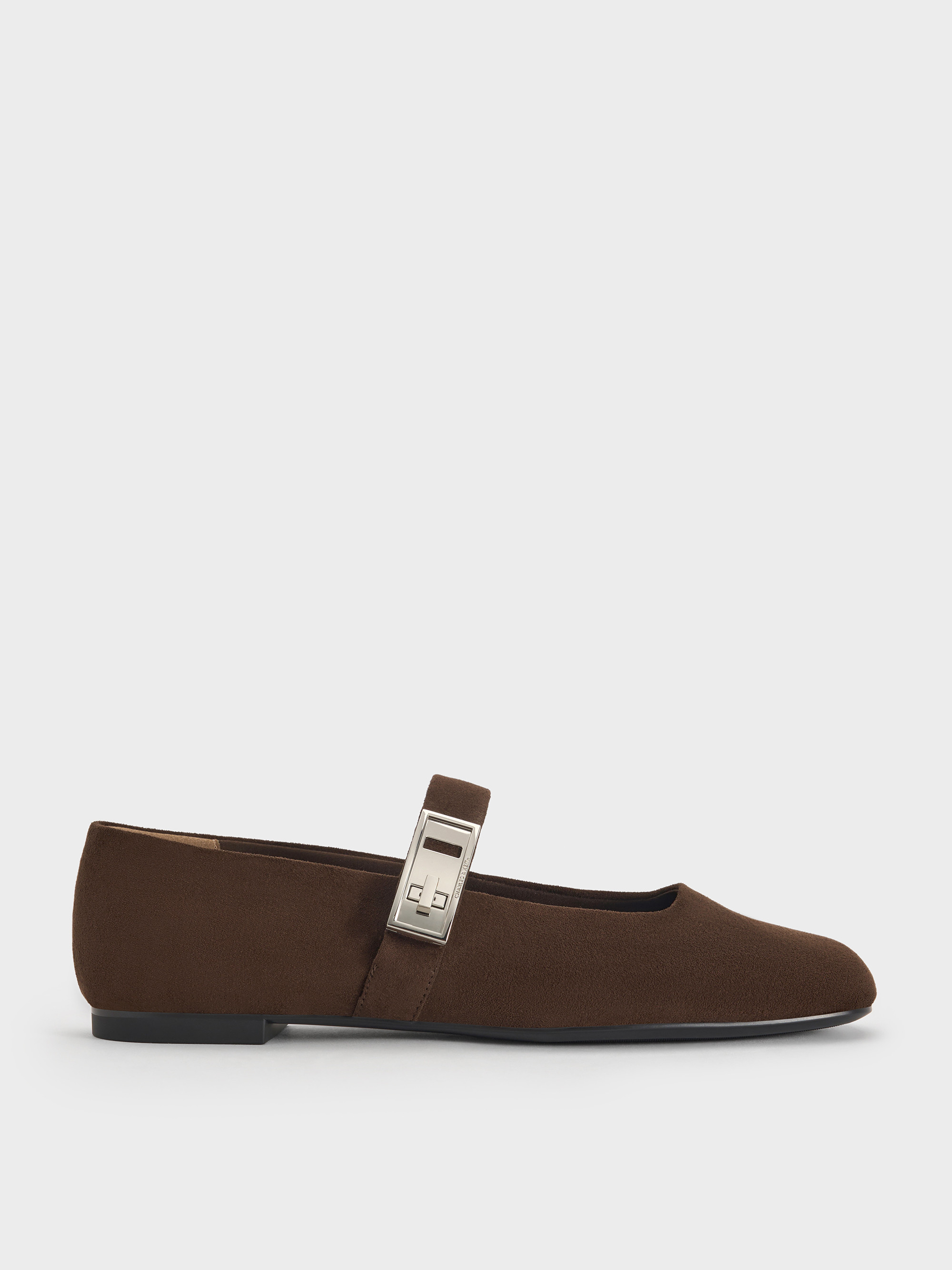 Lando Faux Suede Metallic-Buckle Mary Jane Flats
    
         - Dark Brown Textured | Charles & Keith UK