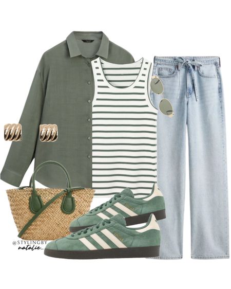 Green spring outfit- green ramie shirt, stripe vest top, high rise relaxed jeans, adidas gazelle trainers, straw bag & gold accessories.
Spring summer outfit, casual outfit, sneakers, denim jeans, high street, brunch style.

#LTKuk #LTKspring #LTKstyletip
