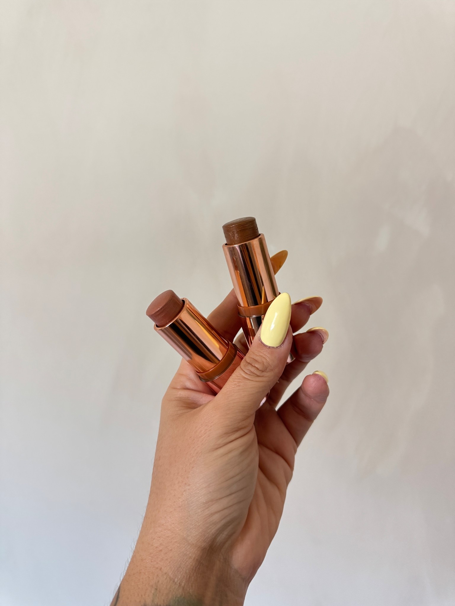 Lumi shades toasted sunlight, and Sunkissed rose. 
Rare beauty shade bright side ￼
Powder shade toasted butterscotch it’s a dupe for the hourglass powders so good ! 