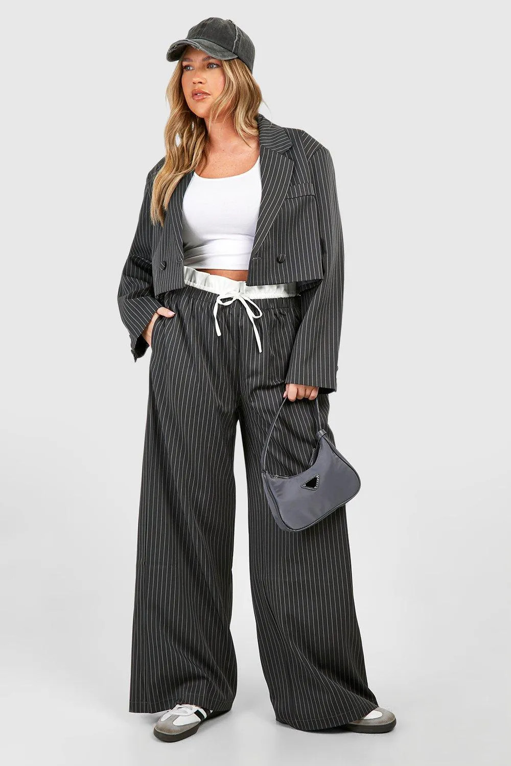 Plus Pinstripe Boxer Waistband Drawstring Wide Leg Trousers | boohoo (US & Canada)