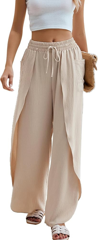BMJL Womens Wide Leg Pants Side Split High Waisted Palazzo Beach Pants Summer Boho Flowy Trousers | Amazon (US)