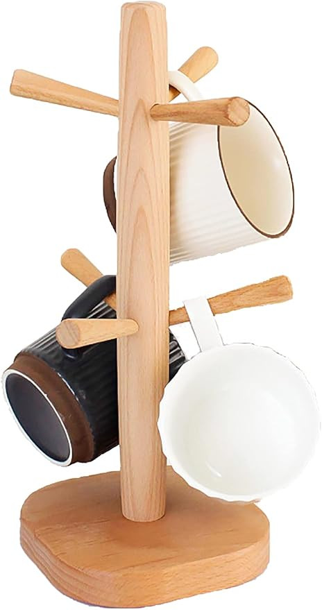 Amazon.com: 12" Wooden Mug Holder Tree with 6 Hooks Wood Cup Rack Tea Coffee Bar Organizer Access... | Amazon (US)