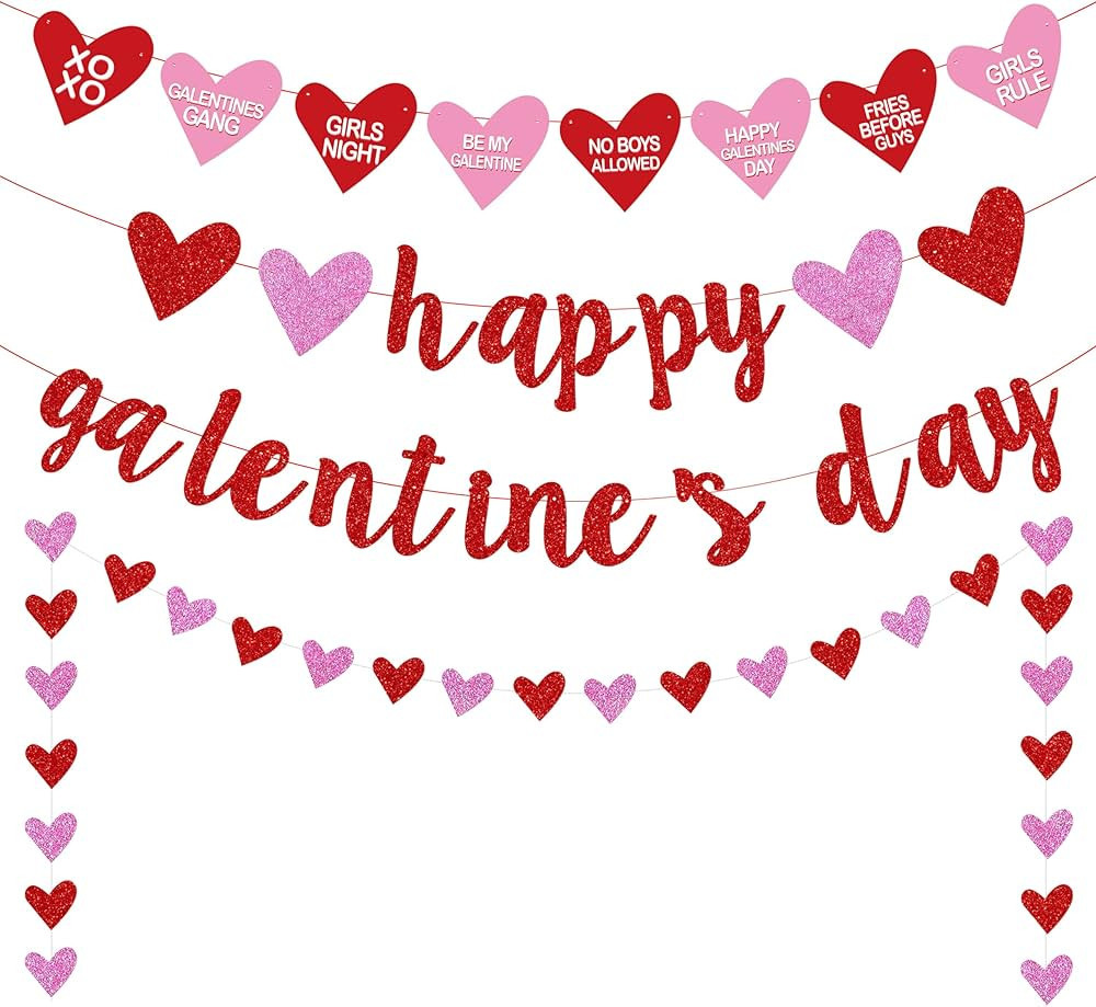 Happy Galentine's Day Banner, Red Glittery Galentine’s Day Decorations, Heart Garland Banner De... | Amazon (US)