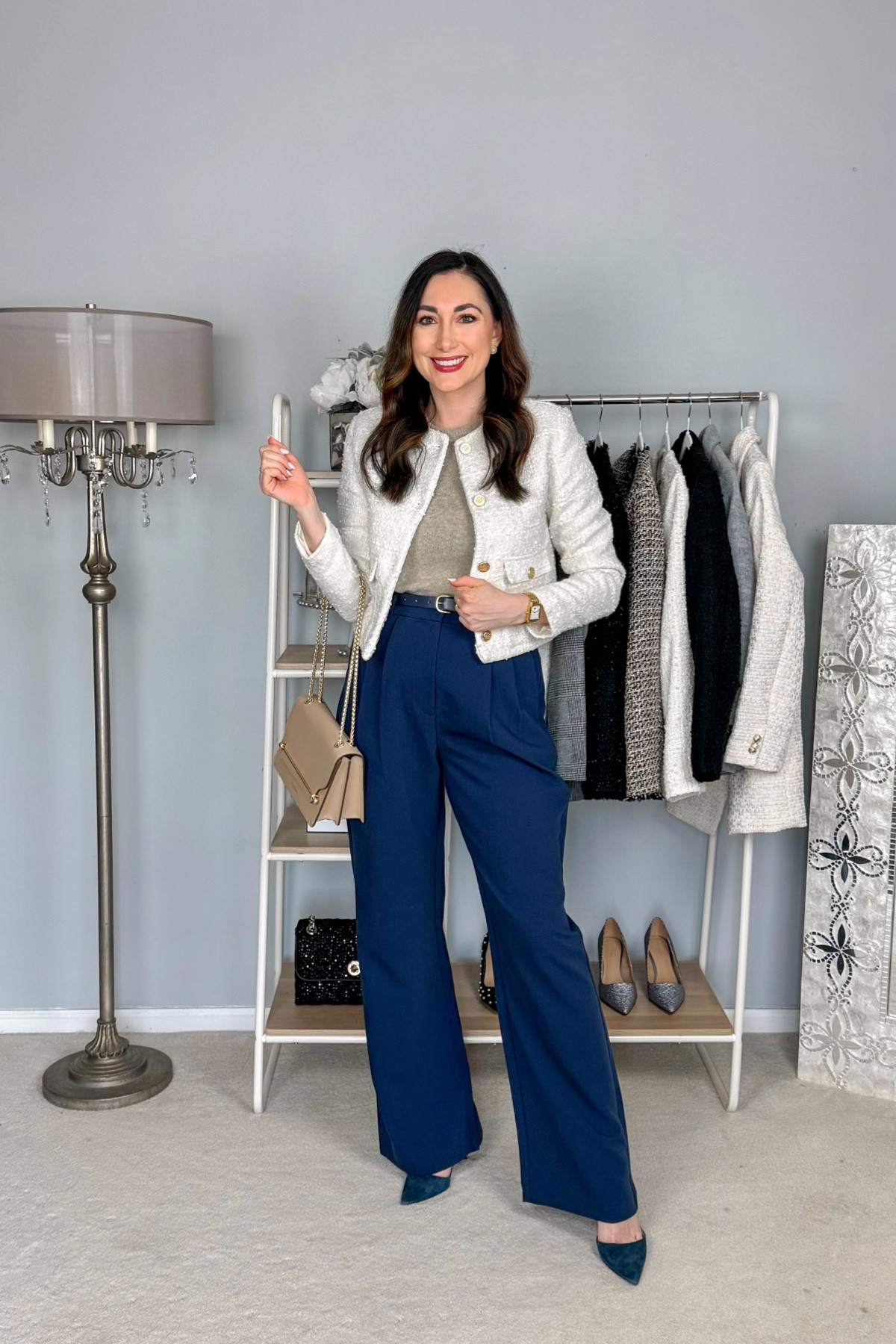 Classy spring work outfit 💙🤍

Ivory tweed jacket size small, TTS
Light tan short sleeve sweater size small, TTS
Navy high waisted wide leg pants size 27 curve love long, TTS
Navy heels size 7 (linked similar)

Work wear 
Business professional 

#LTKworkwear #LTKSpringSale #LTKstyletip