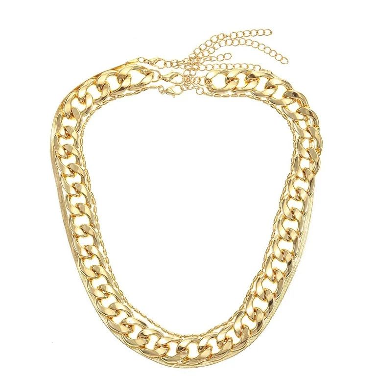 Time and Tru Women's Gold Tone Chunky Layered Chain Necklace Set, 3 Pieces - Walmart.com | Walmart (US)