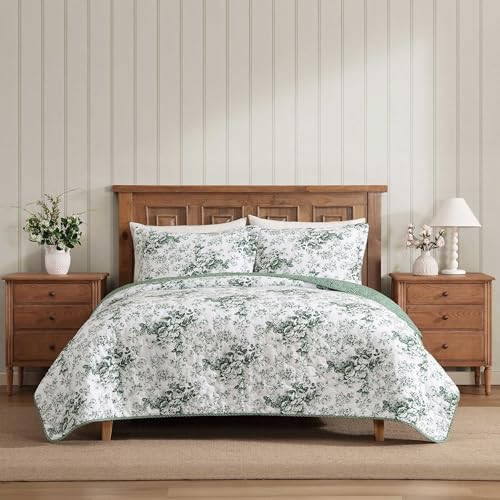 Laura Ashley - King Quilt Set, Soft & Breathable Cotton Bedding with Channel Stitch Detail, Lightweight for Year Round Comfort, 3 Piece Bed Set with Matching Pillowcases (Toile Delight Green) | Amazon (US)