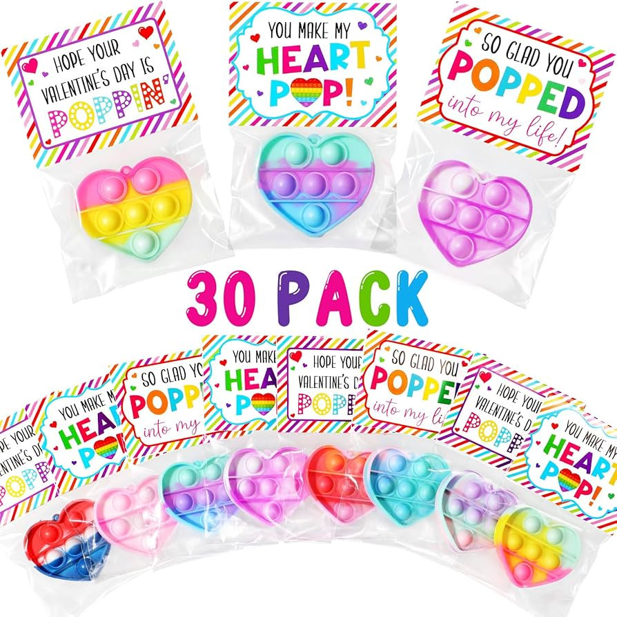30 Pack Valentines Day Gifts for Kids - Mini Heart Pop Fidget Toy with Gift Cards for Kids Boys G... | Amazon (US)