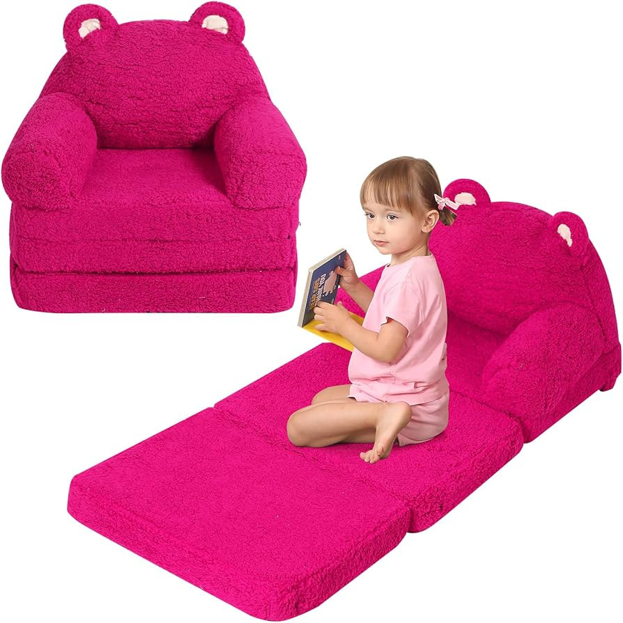 Foldable Kids Sofa, Sherpa Pink Teddy Bear Toddler Couch with Tri Folding Foam Cushions, Comfy Ki... | Amazon (US)