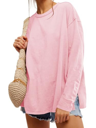 Womens Oversized Long Sleeve Shirts Crew Neck Casual Tops Loose Fit Side Slit Fall Tees | Amazon (US)