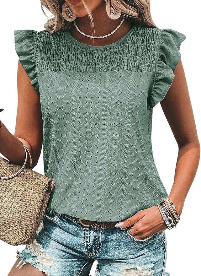 Dokotoo Womens Summer Knit Tops 2025 Hollow Out Crewneck Cute Ruffle Short Sleeve Womens T Shirts... | Amazon (US)