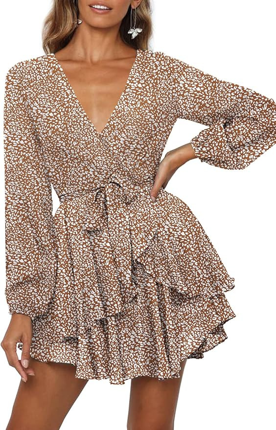 Ferlema Women's Sexy V Neck Ruffle Long Sleeve Tie Waist Casual A Line Swing Mini Wrap Dress | Amazon (US)