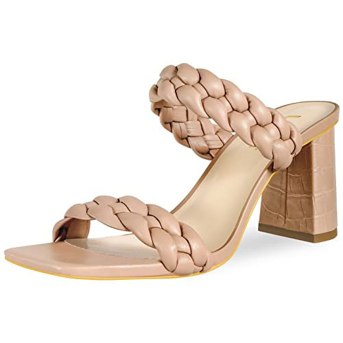 Leevar Braided Sandals for Women - Stylish Square Toe Braided Heels for Women - Nude Womens Braided Block Heel Sandals - 3 inches Woven Chunky Heels, Nude, Size 6.5 | Amazon (US)