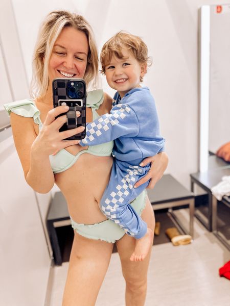 This bikini from target is giving me mermaid vibes! I love the bra cut and ruffle straps. My son's checkered outfit is from the toddler target section too. #targetswim #toddlerboys #kidstyle

#LTKstyletip #LTKkids #LTKswim